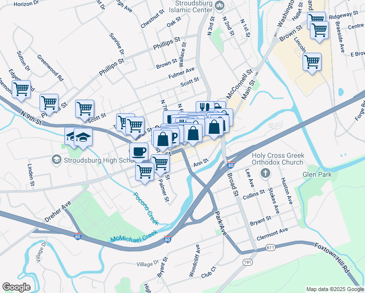map of restaurants, bars, coffee shops, grocery stores, and more near 636 U.S. 209 Business in Stroudsburg