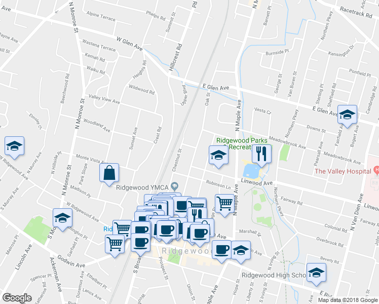 map of restaurants, bars, coffee shops, grocery stores, and more near 226 Oak Street in Ridgewood