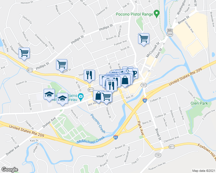 map of restaurants, bars, coffee shops, grocery stores, and more near 1 Main Street in Stroudsburg