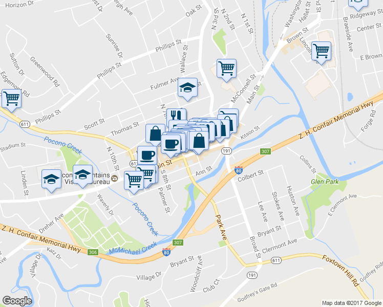 map of restaurants, bars, coffee shops, grocery stores, and more near 601-699 U.S. 209 Business in Stroudsburg