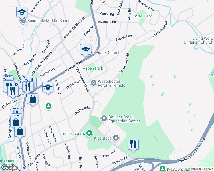 map of restaurants, bars, coffee shops, grocery stores, and more near 41 Saxon Woods Road in White Plains