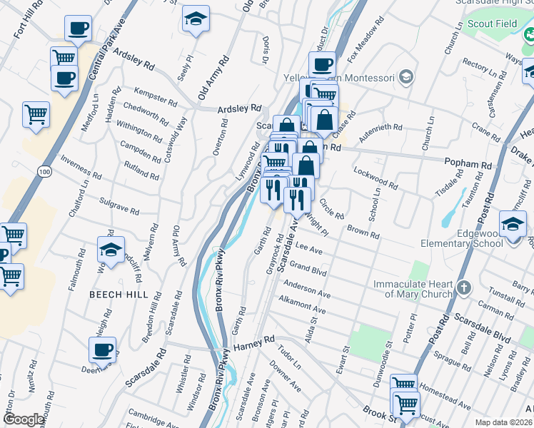map of restaurants, bars, coffee shops, grocery stores, and more near in Eastchester
