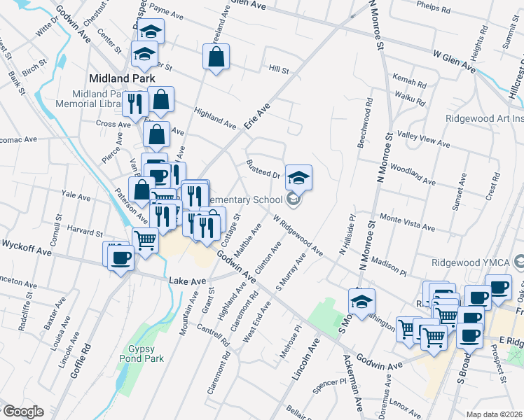 map of restaurants, bars, coffee shops, grocery stores, and more near 10 Franklin Avenue in Midland Park