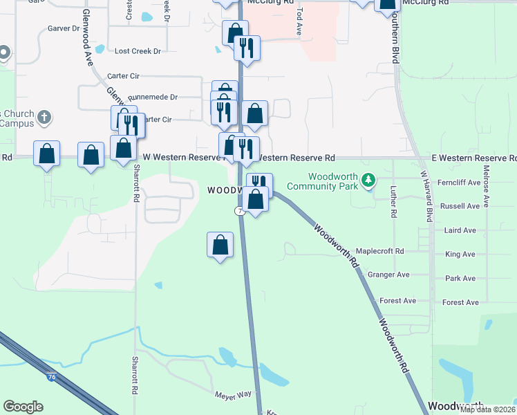 map of restaurants, bars, coffee shops, grocery stores, and more near 9120 Woodworth Road in North Lima