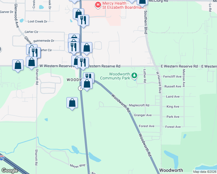 map of restaurants, bars, coffee shops, grocery stores, and more near 9175 Woodworth Road in North Lima