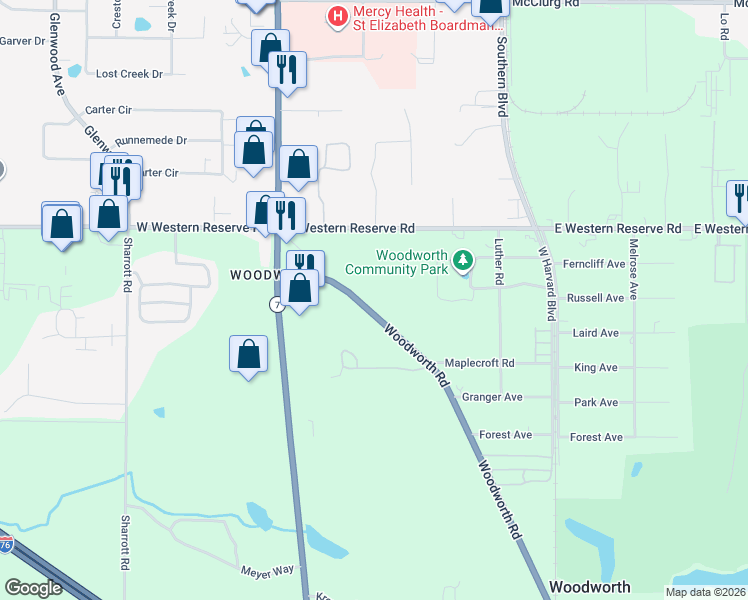map of restaurants, bars, coffee shops, grocery stores, and more near 9175 Woodworth Road in North Lima