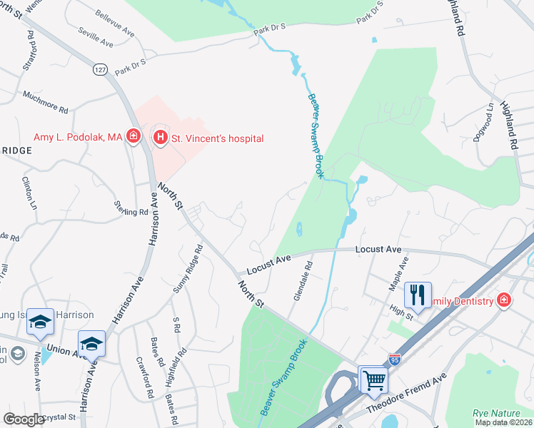 map of restaurants, bars, coffee shops, grocery stores, and more near 11 Boxwood Lane in Rye