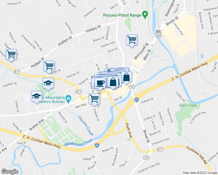 map of restaurants, bars, coffee shops, grocery stores, and more near 626 Main Street in Stroudsburg