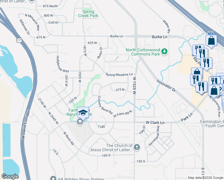 map of restaurants, bars, coffee shops, grocery stores, and more near 1684 1725 West Farm Meadow Road in Farmington