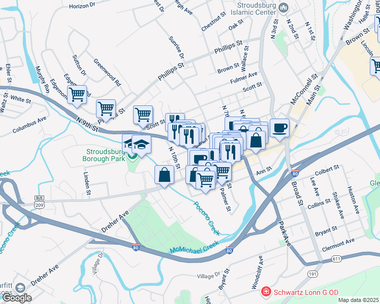 map of restaurants, bars, coffee shops, grocery stores, and more near 828 Monroe Street in Stroudsburg