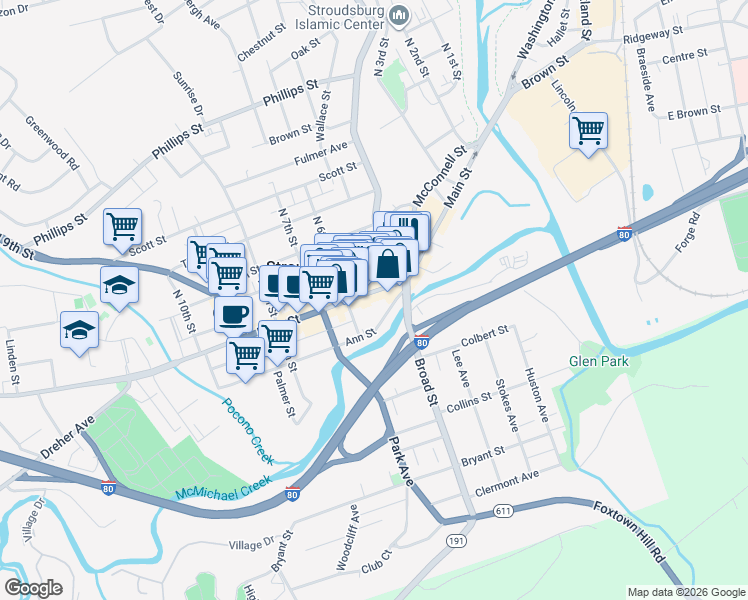 map of restaurants, bars, coffee shops, grocery stores, and more near 554 U.S. 209 Business in Stroudsburg