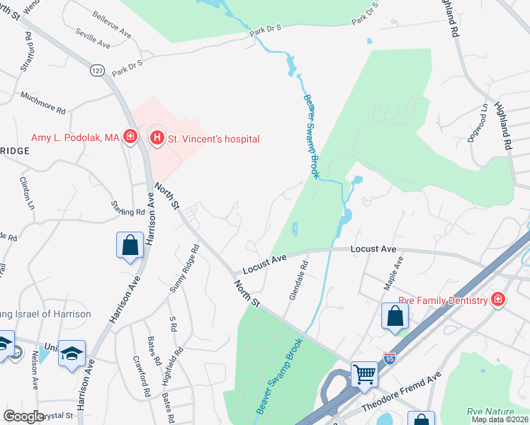 map of restaurants, bars, coffee shops, grocery stores, and more near 11 Boxwood Lane in Rye