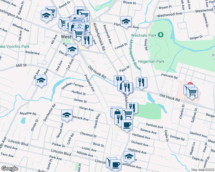 map of restaurants, bars, coffee shops, grocery stores, and more near 19 Brookline Avenue in Westwood