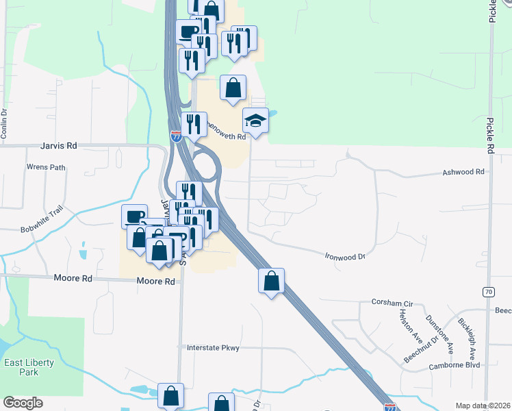 map of restaurants, bars, coffee shops, grocery stores, and more near 3049 Chenoweth Road in Akron