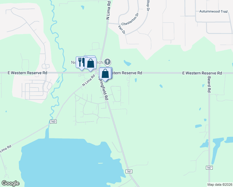map of restaurants, bars, coffee shops, grocery stores, and more near 1604 Springfield Road in Poland