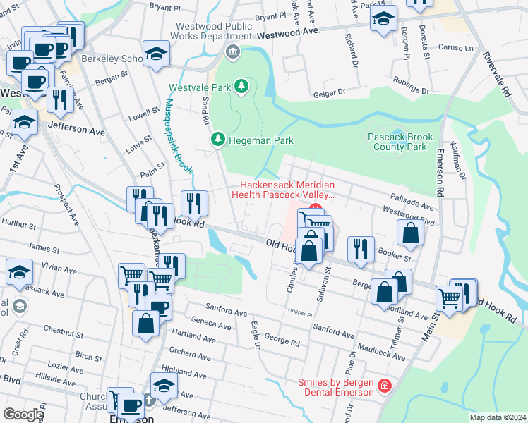 map of restaurants, bars, coffee shops, grocery stores, and more near 7311 Cenrose Circle in Westwood