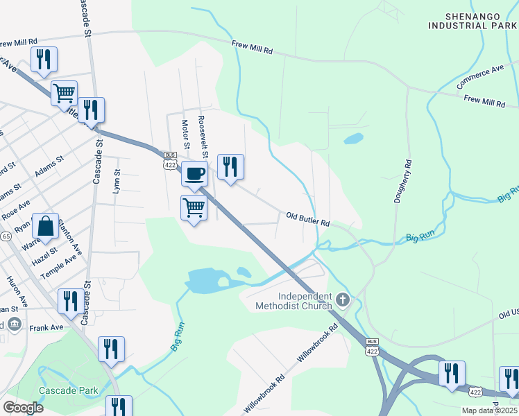 map of restaurants, bars, coffee shops, grocery stores, and more near 1522 Old Butler Road in New Castle