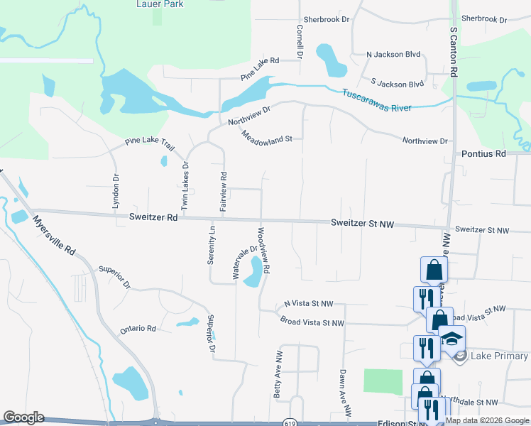 map of restaurants, bars, coffee shops, grocery stores, and more near 2941 Sweitzer Road in Uniontown