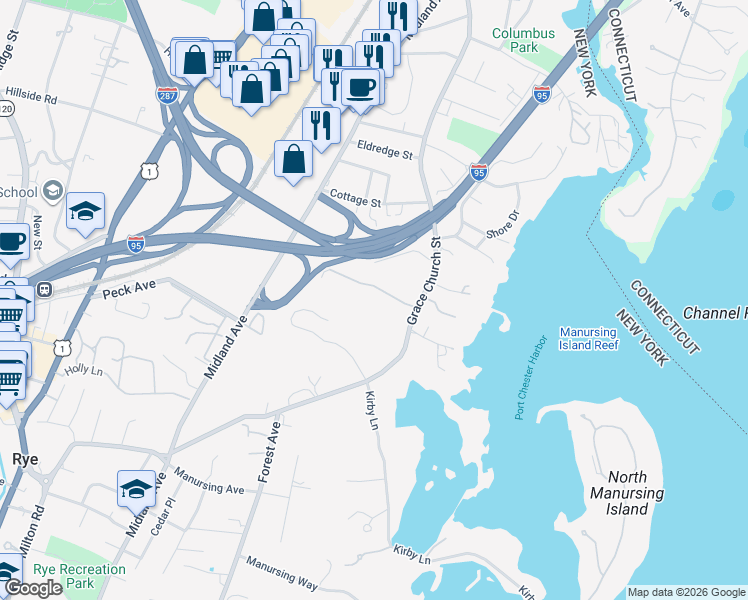 map of restaurants, bars, coffee shops, grocery stores, and more near 425 Grace Church Street in Rye