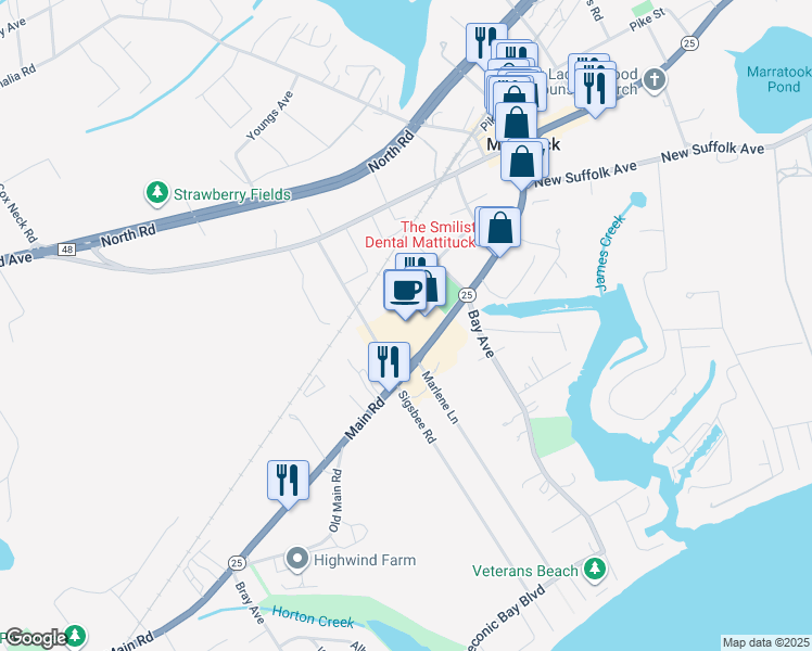 map of restaurants, bars, coffee shops, grocery stores, and more near 10095 New York 25 in Mattituck