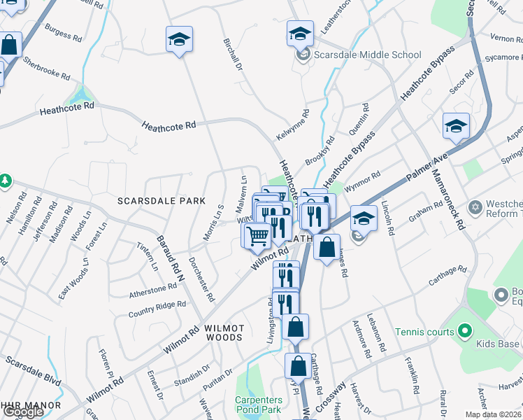 map of restaurants, bars, coffee shops, grocery stores, and more near 95 Wiltshire Road in New Rochelle