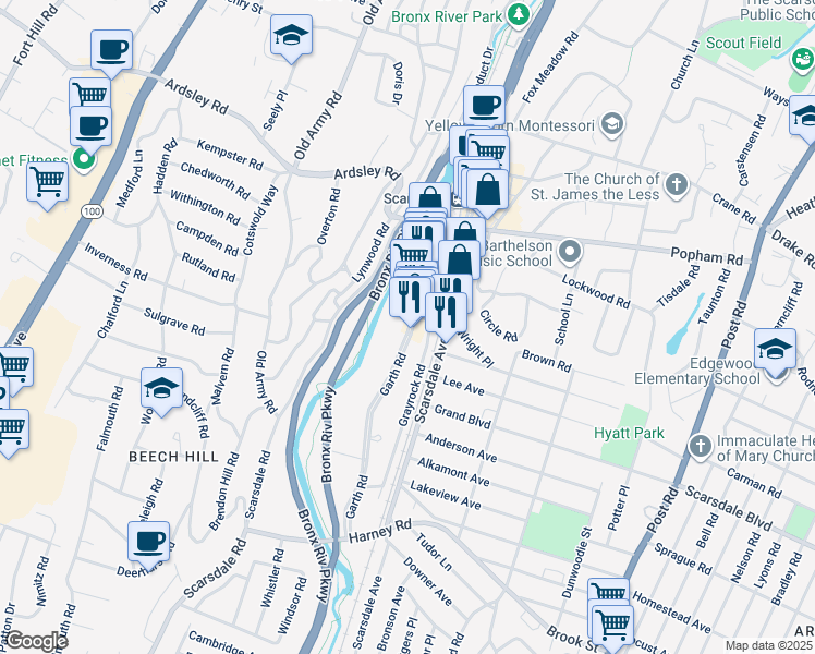 map of restaurants, bars, coffee shops, grocery stores, and more near in Eastchester