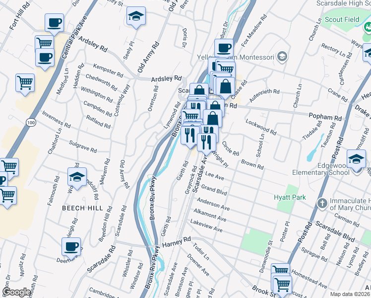 map of restaurants, bars, coffee shops, grocery stores, and more near in Eastchester