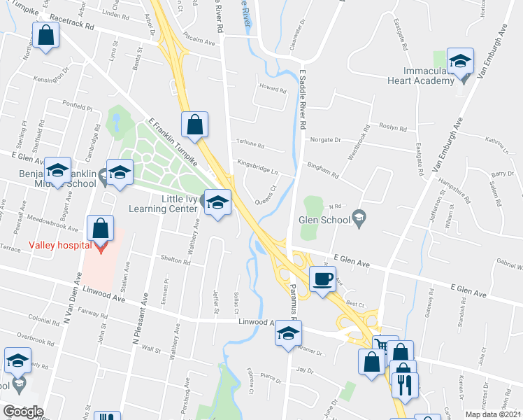 map of restaurants, bars, coffee shops, grocery stores, and more near 369 Queens Court in Ridgewood