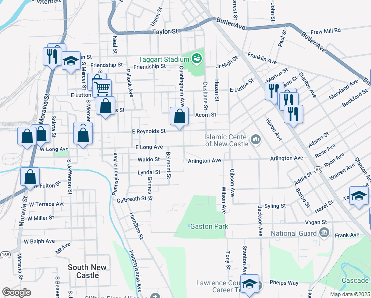 map of restaurants, bars, coffee shops, grocery stores, and more near 574 East Long Avenue in New Castle