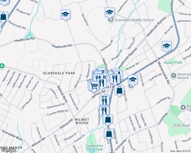 map of restaurants, bars, coffee shops, grocery stores, and more near 95 Wiltshire Road in New Rochelle