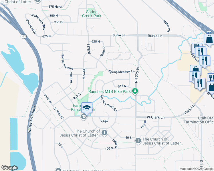 map of restaurants, bars, coffee shops, grocery stores, and more near 1767 West Country Bend Road in Farmington