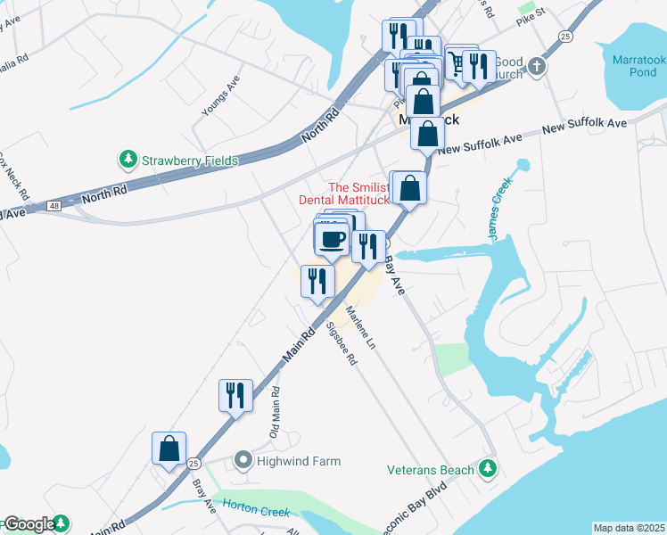 map of restaurants, bars, coffee shops, grocery stores, and more near 10095 New York 25 in Mattituck