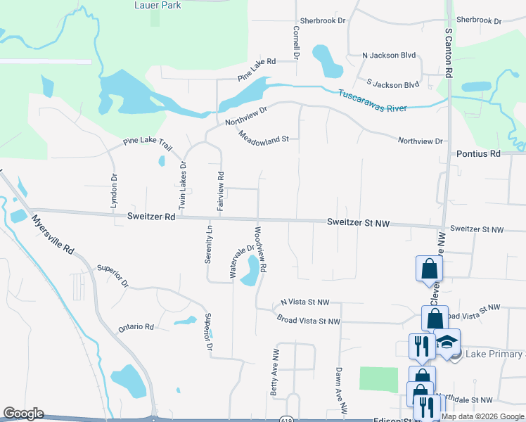 map of restaurants, bars, coffee shops, grocery stores, and more near 2941 Sweitzer Road in Uniontown
