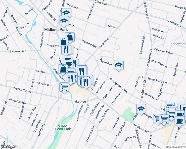 map of restaurants, bars, coffee shops, grocery stores, and more near 57 Rea Avenue in Midland Park
