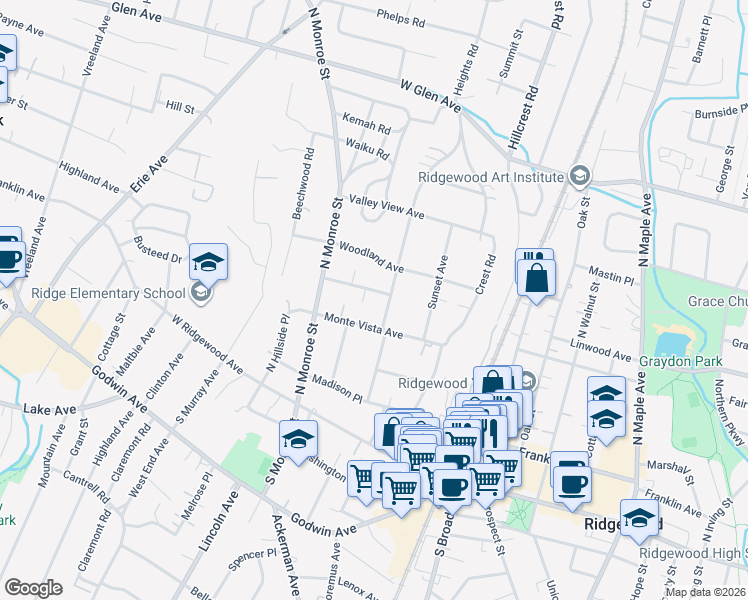 map of restaurants, bars, coffee shops, grocery stores, and more near 110 Sheridan Terrace in Ridgewood