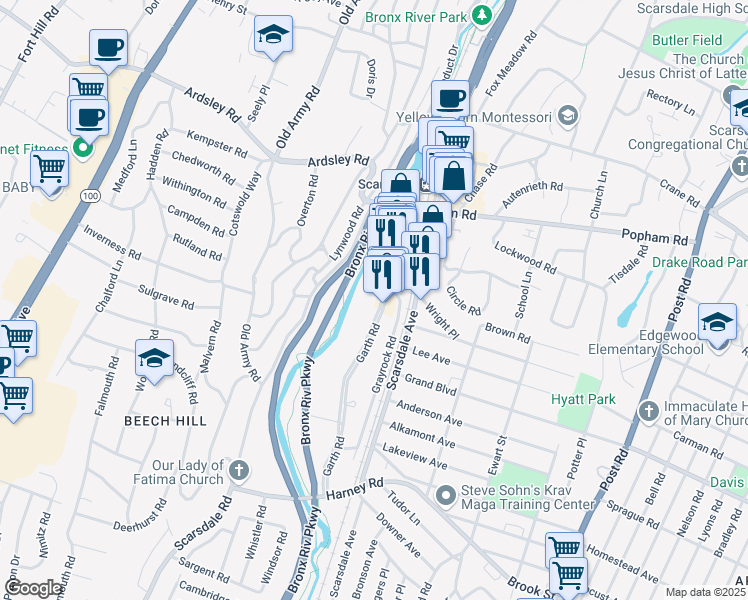 map of restaurants, bars, coffee shops, grocery stores, and more near 117 Garth Road in Scarsdale