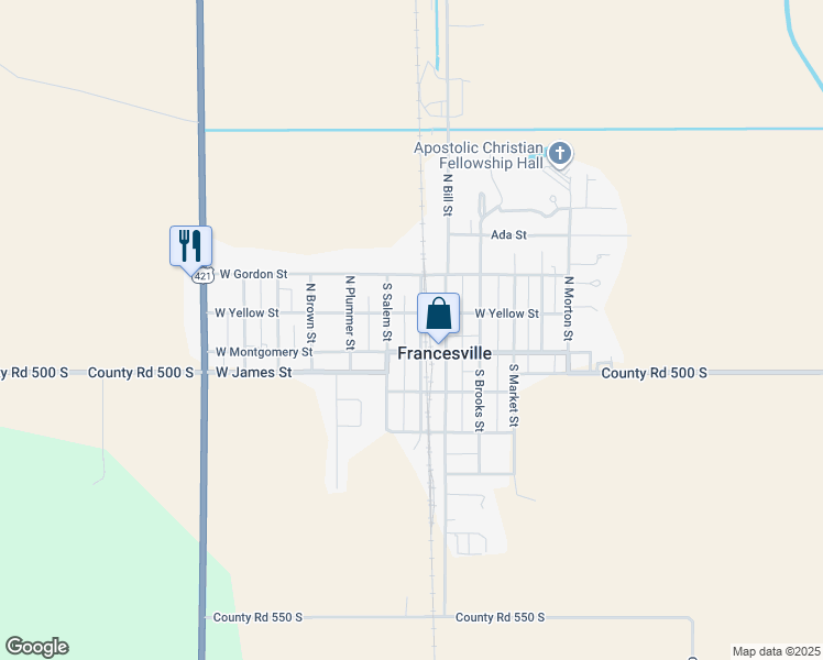 map of restaurants, bars, coffee shops, grocery stores, and more near 122 N Monon Ave in Francesville