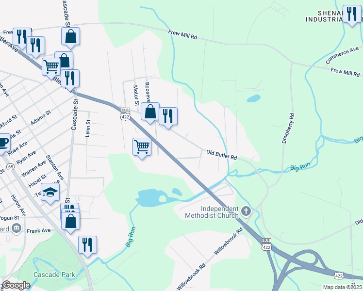 map of restaurants, bars, coffee shops, grocery stores, and more near 1522 Old Butler Rd in New Castle