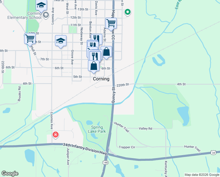 map of restaurants, bars, coffee shops, grocery stores, and more near 303 Quincy Street in Corning