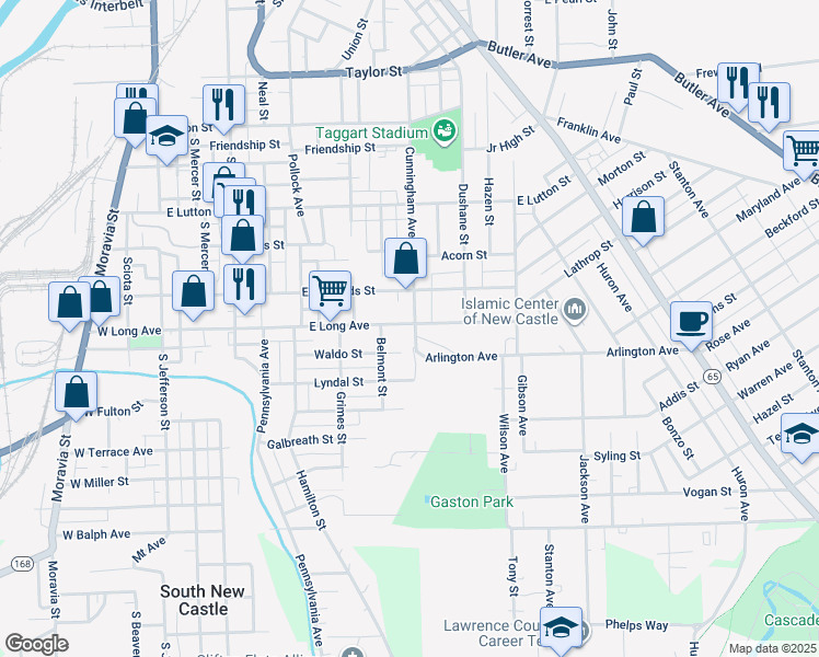 map of restaurants, bars, coffee shops, grocery stores, and more near 574 East Long Avenue in New Castle