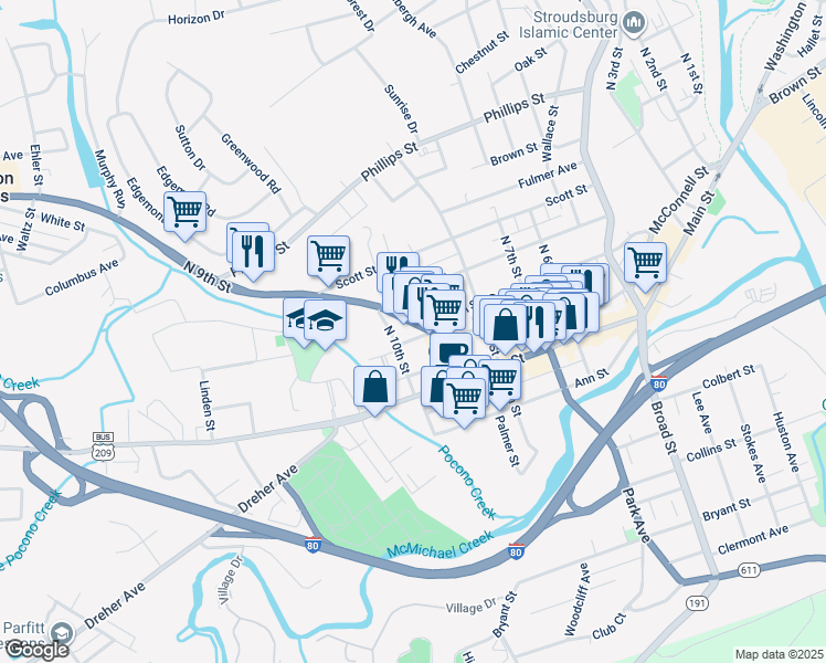 map of restaurants, bars, coffee shops, grocery stores, and more near 115 North 9th Street in Stroudsburg