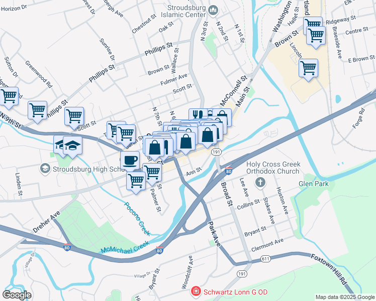 map of restaurants, bars, coffee shops, grocery stores, and more near 584 Main Street in Stroudsburg