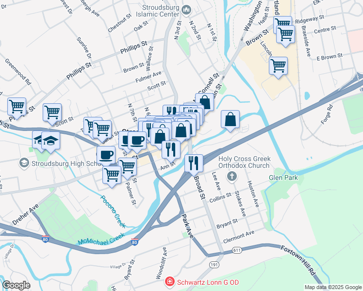 map of restaurants, bars, coffee shops, grocery stores, and more near 507 Main Street in Stroudsburg