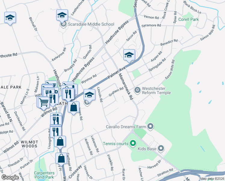 map of restaurants, bars, coffee shops, grocery stores, and more near 49 Graham Road in Scarsdale