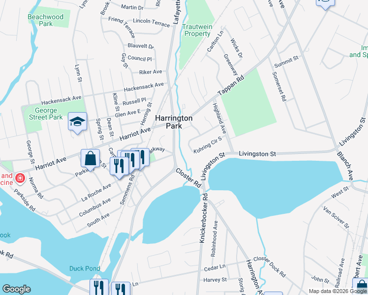 map of restaurants, bars, coffee shops, grocery stores, and more near 86 Kohring Circle North in Harrington Park