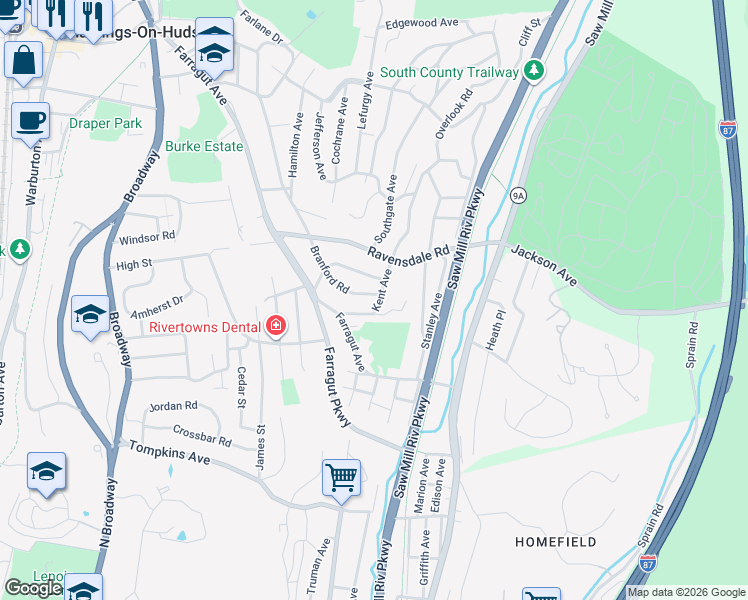 map of restaurants, bars, coffee shops, grocery stores, and more near 91 Kent Avenue in Hastings-on-Hudson