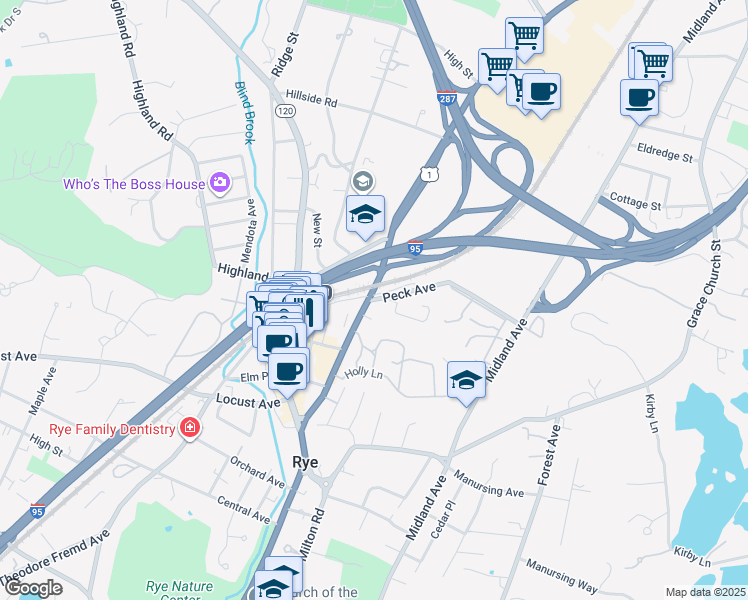 map of restaurants, bars, coffee shops, grocery stores, and more near in Rye