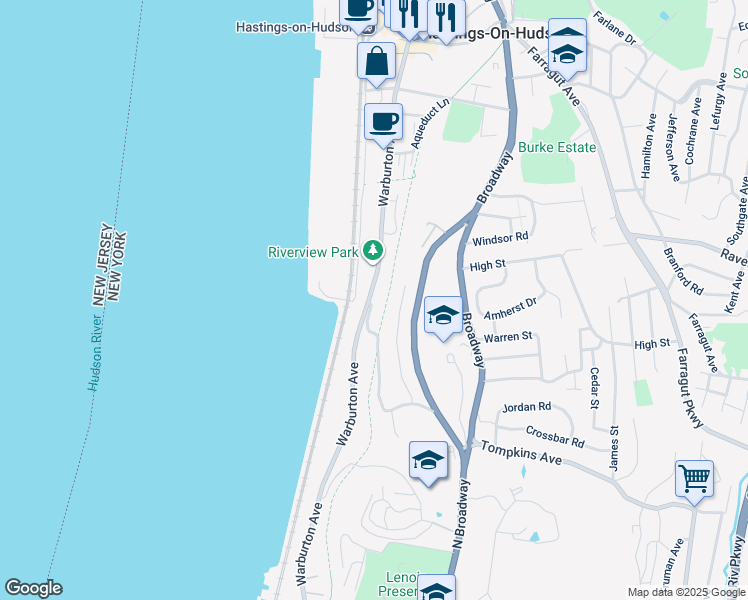 map of restaurants, bars, coffee shops, grocery stores, and more near 280 Warburton Avenue in Hastings-on-Hudson