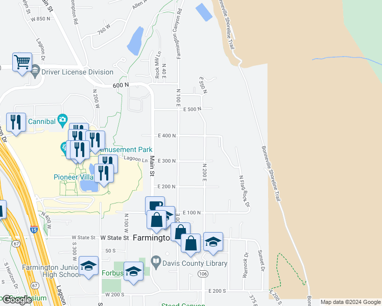 map of restaurants, bars, coffee shops, grocery stores, and more near 344 North 100 East in Farmington