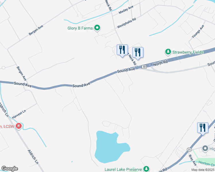 map of restaurants, bars, coffee shops, grocery stores, and more near 2445 Laurel Lake Drive in Mattituck